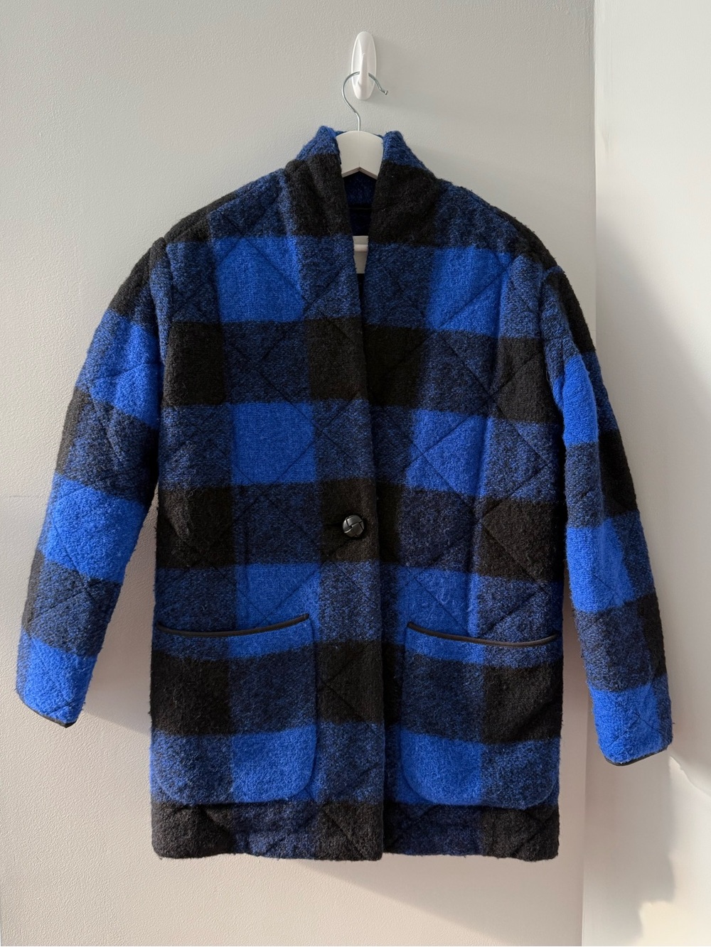 ARITZIA Wilfred Free WOOL Plaid Quilted Coat Black/Blue Size S